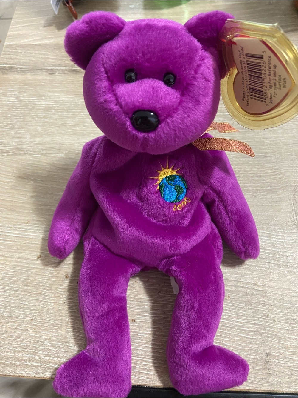 Ty Beanie Babies Millennium Bear 1999 Purple Y2K Plush Globe Ribbon